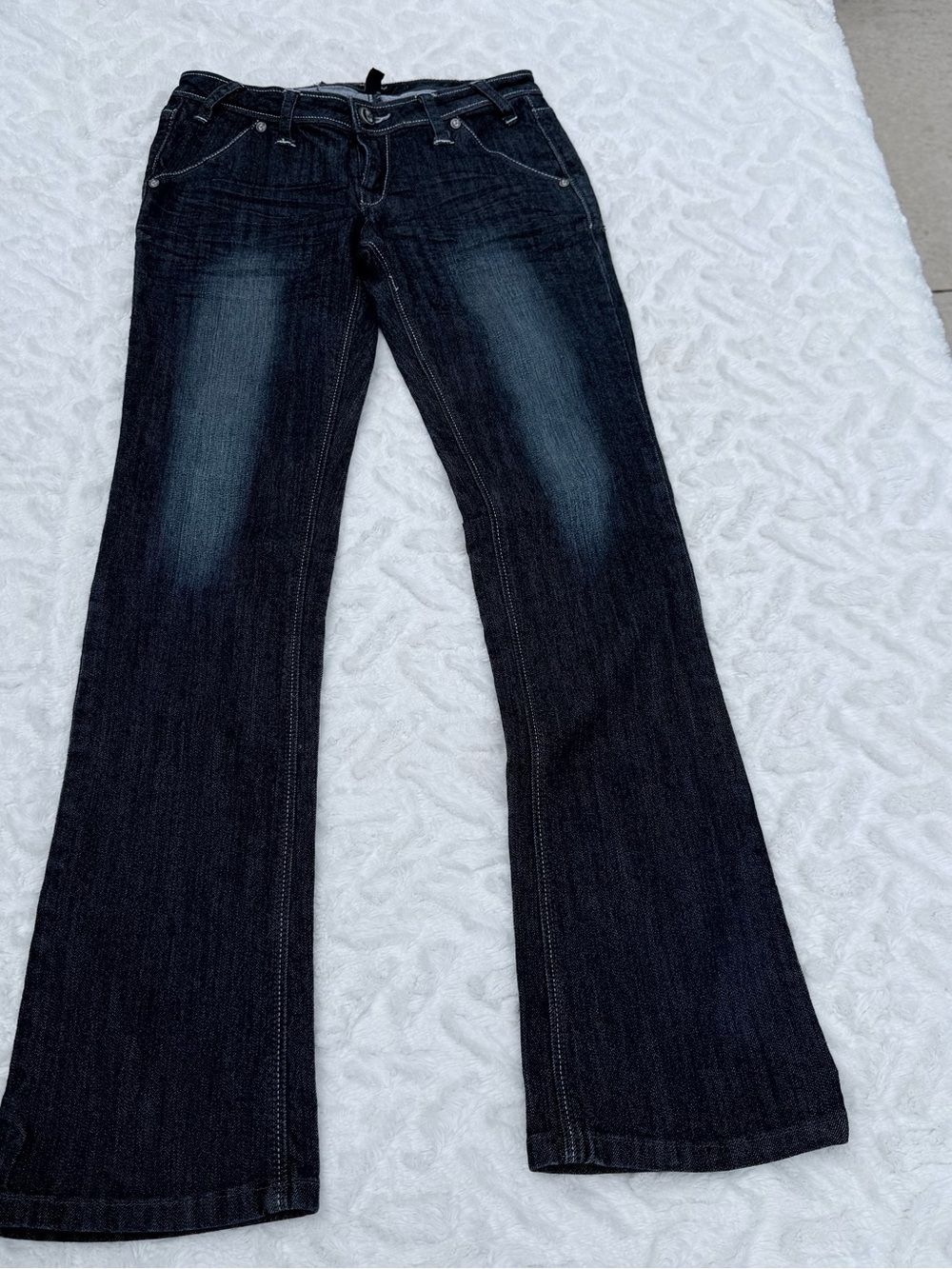 Clash Dark Wash Flare Jeans with Subtle Thigh Fading - Size 3